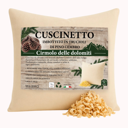 Dolomiti Swiss Pine Cushion - Relaxing Natural Scent - Raw Cotton - For Sofa, Bed, Travel - Made in Italy