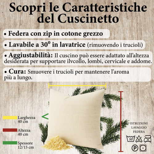 Cuscino in Pino Cembro Dolomiti - Profumo Naturale Rilassante - Cotone Grezzo - Per Divano, Letto, Viaggio - Made in Italy