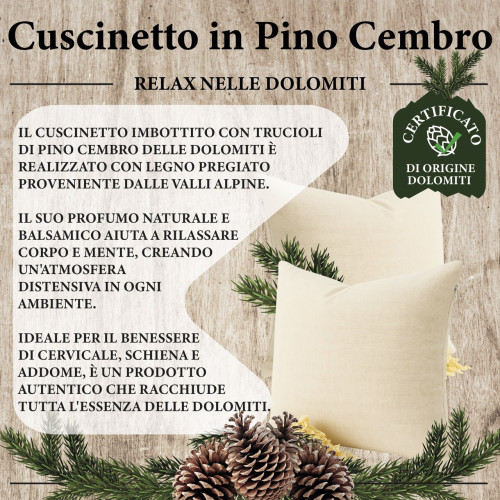 Cuscino in Pino Cembro Dolomiti - Profumo Naturale Rilassante - Cotone Grezzo - Per Divano, Letto, Viaggio - Made in Italy
