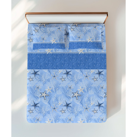 Parure de lit bleu avec étoile de mer et coraux – vue lit double