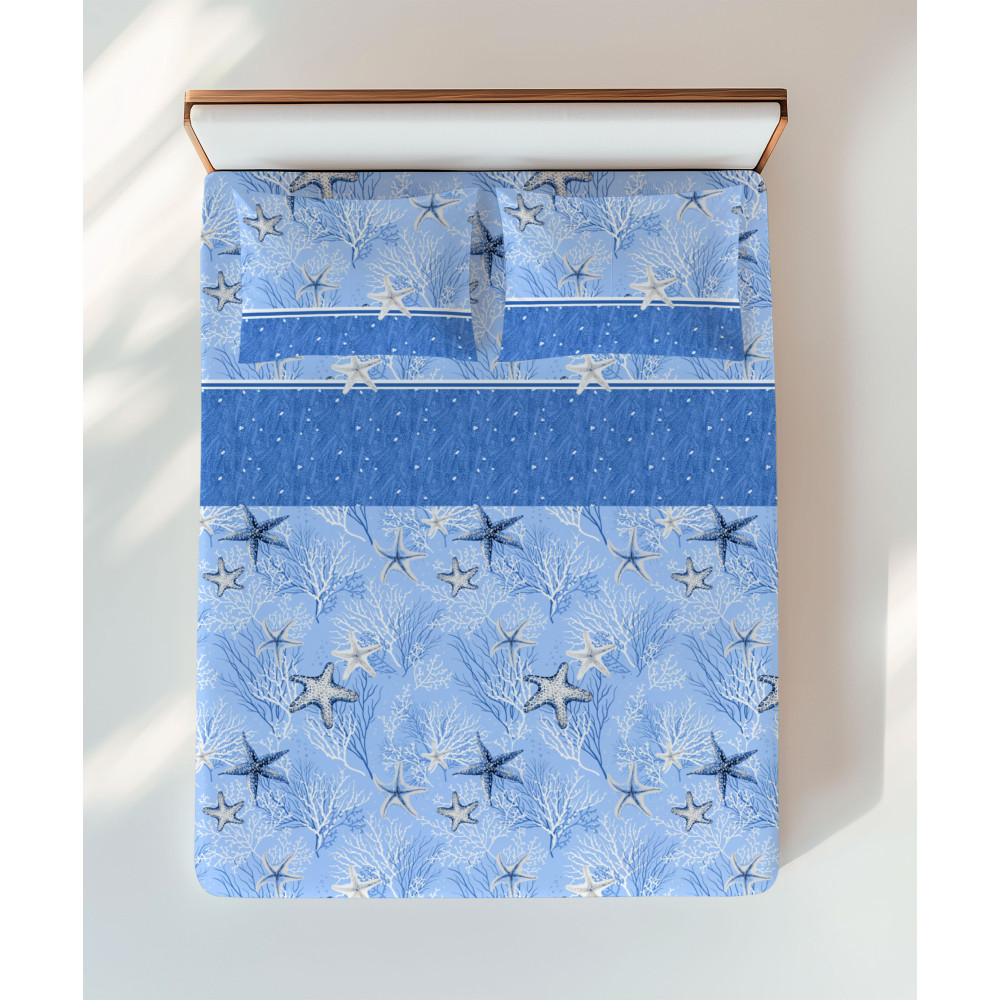 Parure de lit bleu avec étoile de mer et coraux – vue lit double