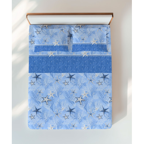 Blue Starfish Sheet Set – Coral and Star Motif – 100% Cotton – Made in Italy, Washable