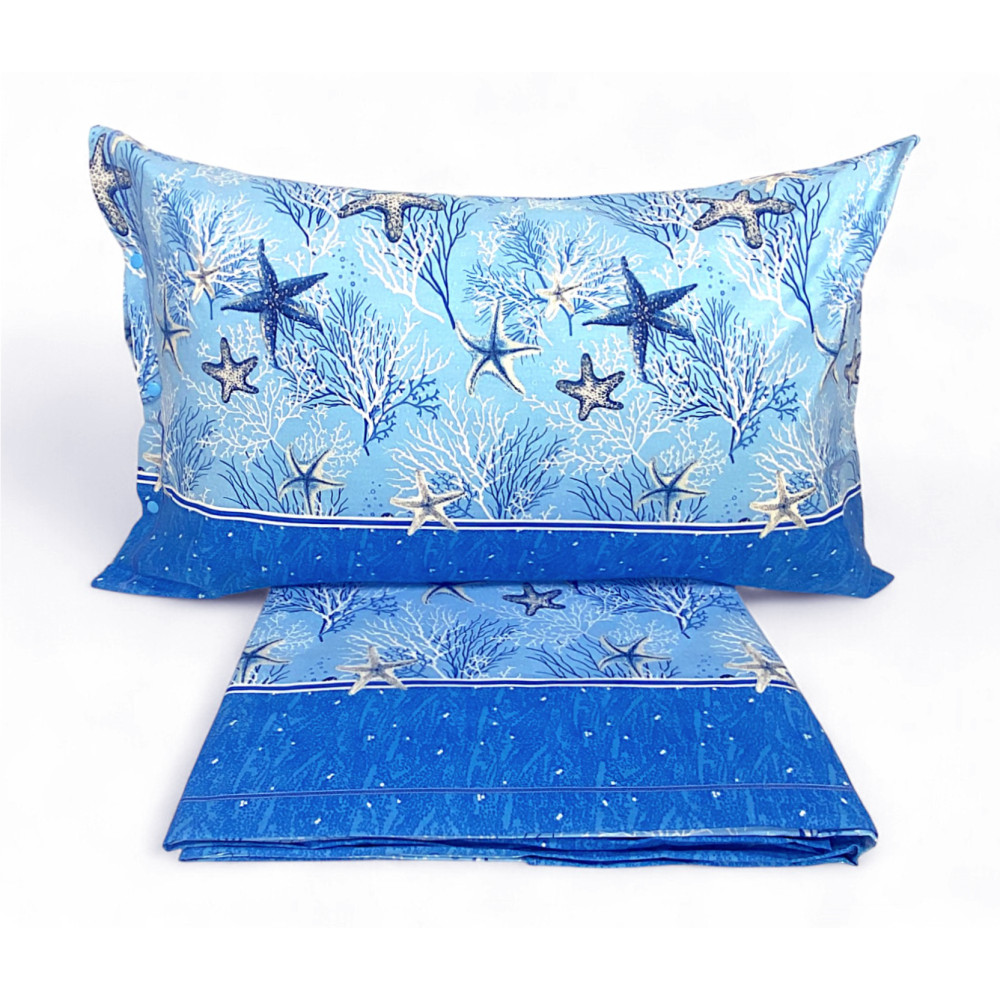 Juego de sábanas estrella de mar azul – Motivo coral y estrella – 100% algodón – Made in Italy, lavable