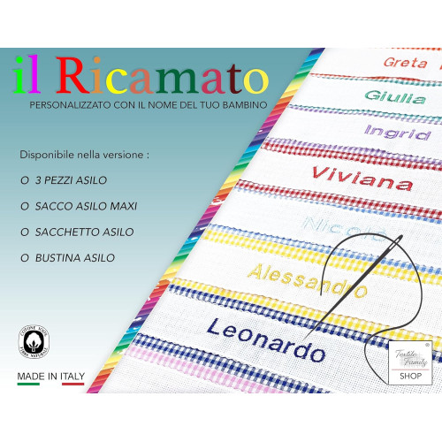 Personalisiertes 4-teiliges Kindergarten-Set – Cotton Made in Italy – Tasche, Lätzchen, Handtuch und Beutel mit Namensstickerei