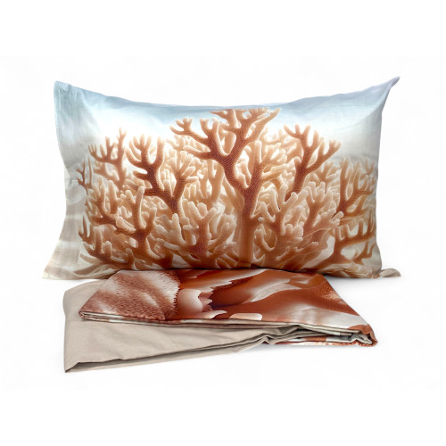 Coral Double Sheet Set – Digitale Tagesdecke aus 100 % Baumwolle mit umgeschlagenem Flout – 2 Größen
