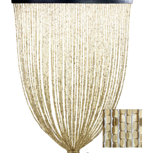 Handgemachte Natur Beige Holz Perlen Vorhang - 100% natürliche Bambusfäden - schwarzer Stab - Innengebrauch - Tür und Raumteiler