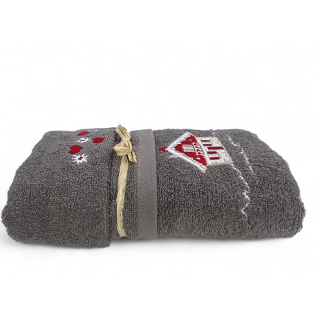 Graues Tiroler Tiroler Handtuchset mit Stickerei Alpenhaus aus 100% Baumwollfrottee