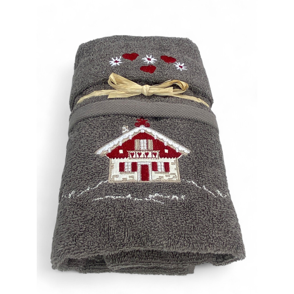 Tiroler Handtuchset Graues Haus - Tirol - 100% Baumwollfrottee - Mountain Chalet Stickerei Made in Italy