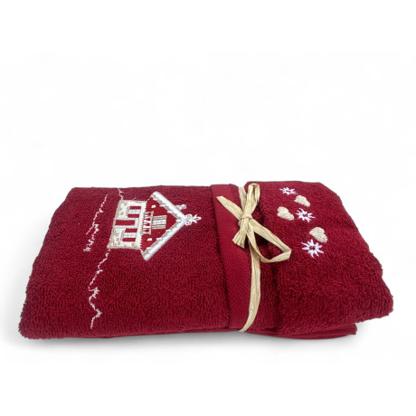 Towel set Tyrolean Tyrol burgundy with embroidery alpine house in terry cloth 100% cotton