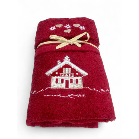 Towel set Tyrolean Tyrol burgundy with embroidery alpine house in terry cloth 100% cotton
