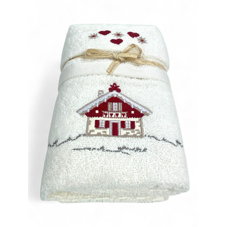 Cream Tyrolean towel set with embroidery alpine house in 100% cotton terry cloth