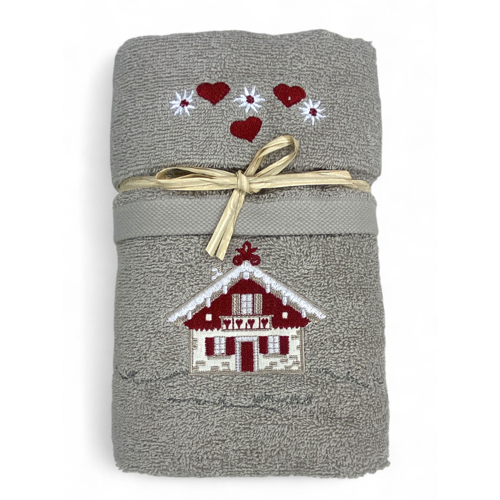Ensemble de serviettes tyroliennes taupes avec broderie de maison tyrolienne sur tissu éponge 100 % coton