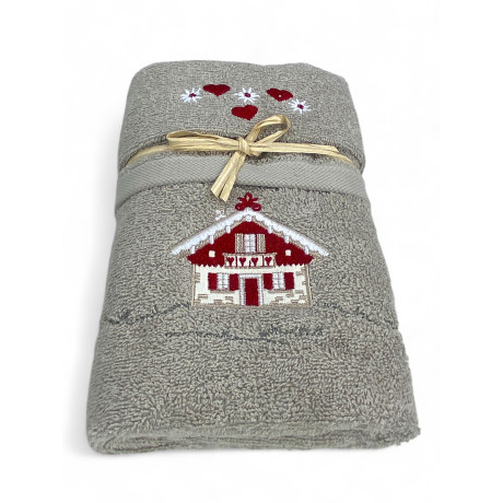 Ensemble de serviettes tyroliennes taupes avec broderie de maison tyrolienne sur tissu éponge 100 % coton