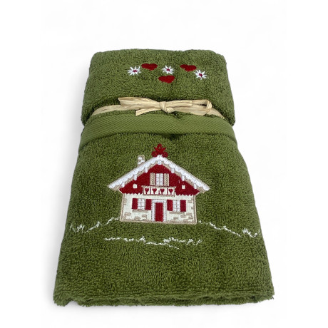 Set asciugamani Tirolese verde con ricamo casetta chalet su spugna 100% cotone