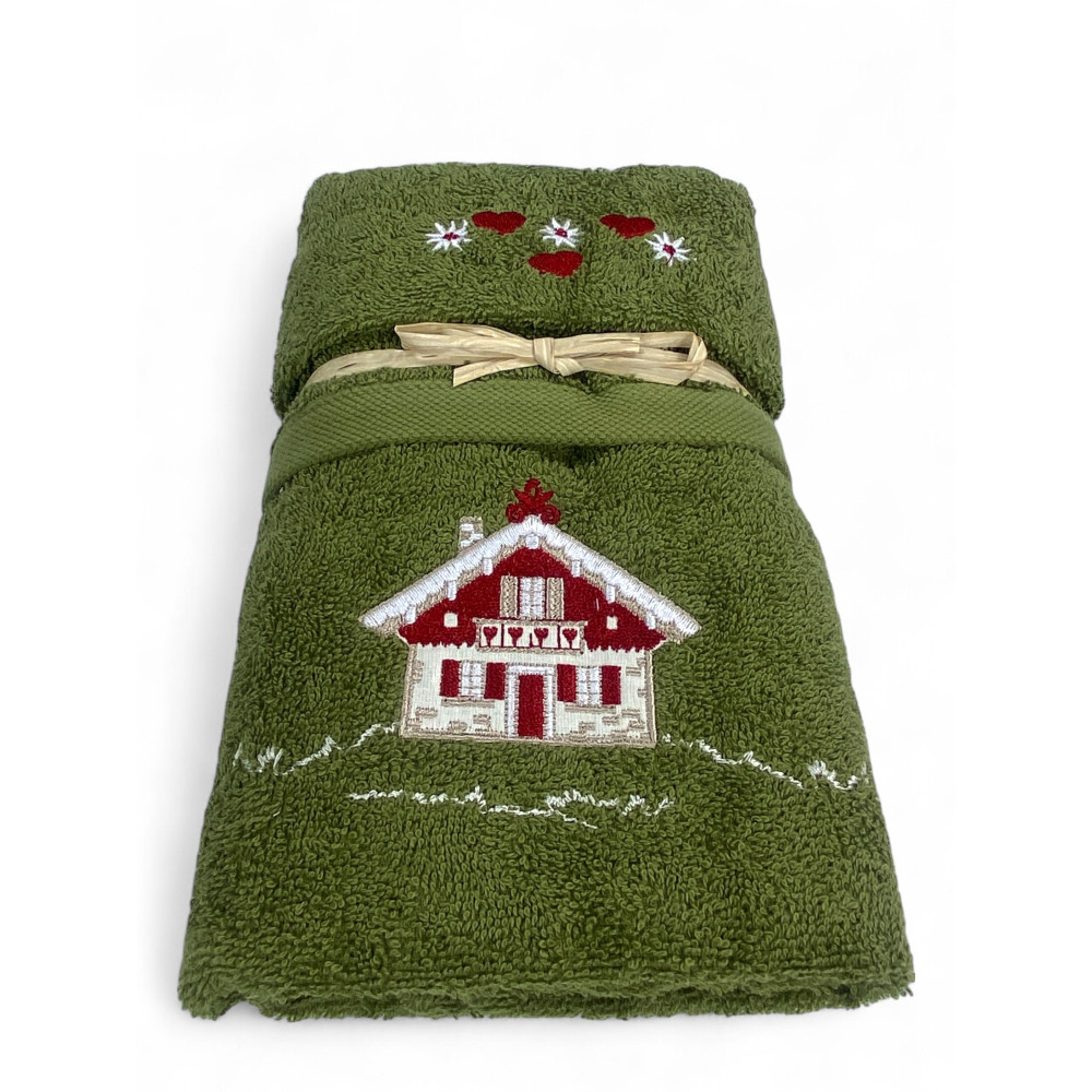 Set Asciugamani Tirolese Casetta Verde - Tirolo - Spugna 100% Cotone - Ricamo Chalet Montagna Made in Italy