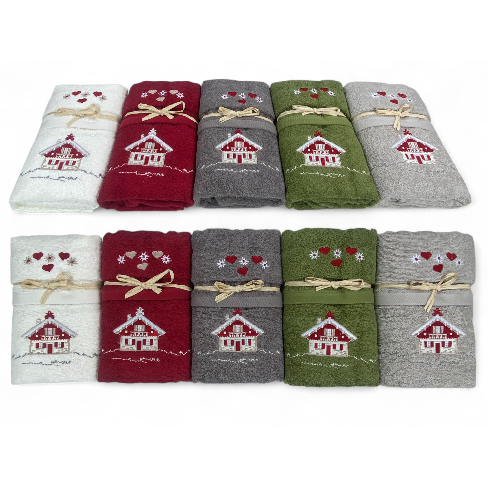 Serviette tyrolienne Set Green House - Tyrol - 100 % coton éponge - Chalet de montagne broderie Made in Italy