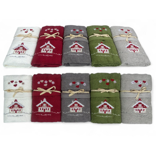 Tyrolean Towel Set Green House - Tyrol - 100% Cotton Terry - Mountain Chalet Embroidery Made in Italy