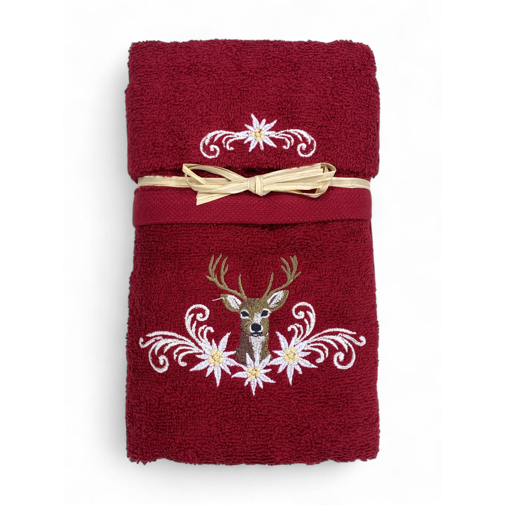 Tyrolean burgundy towel set with deer and edelweiss embroidery on 100% cotton terry cloth Tyrolean burgundy towel set with deer and edelweiss embroidery on 100% cotton terry cloth