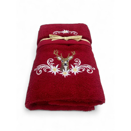 Tyrolean burgundy towel set with deer and edelweiss embroidery on 100% cotton terry cloth