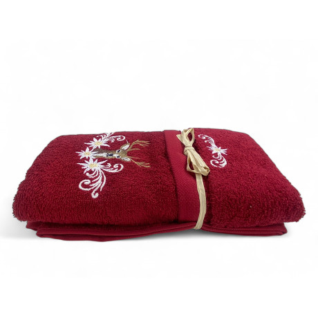 Tyrolean burgundy towel set with deer and edelweiss embroidery on 100% cotton terry cloth