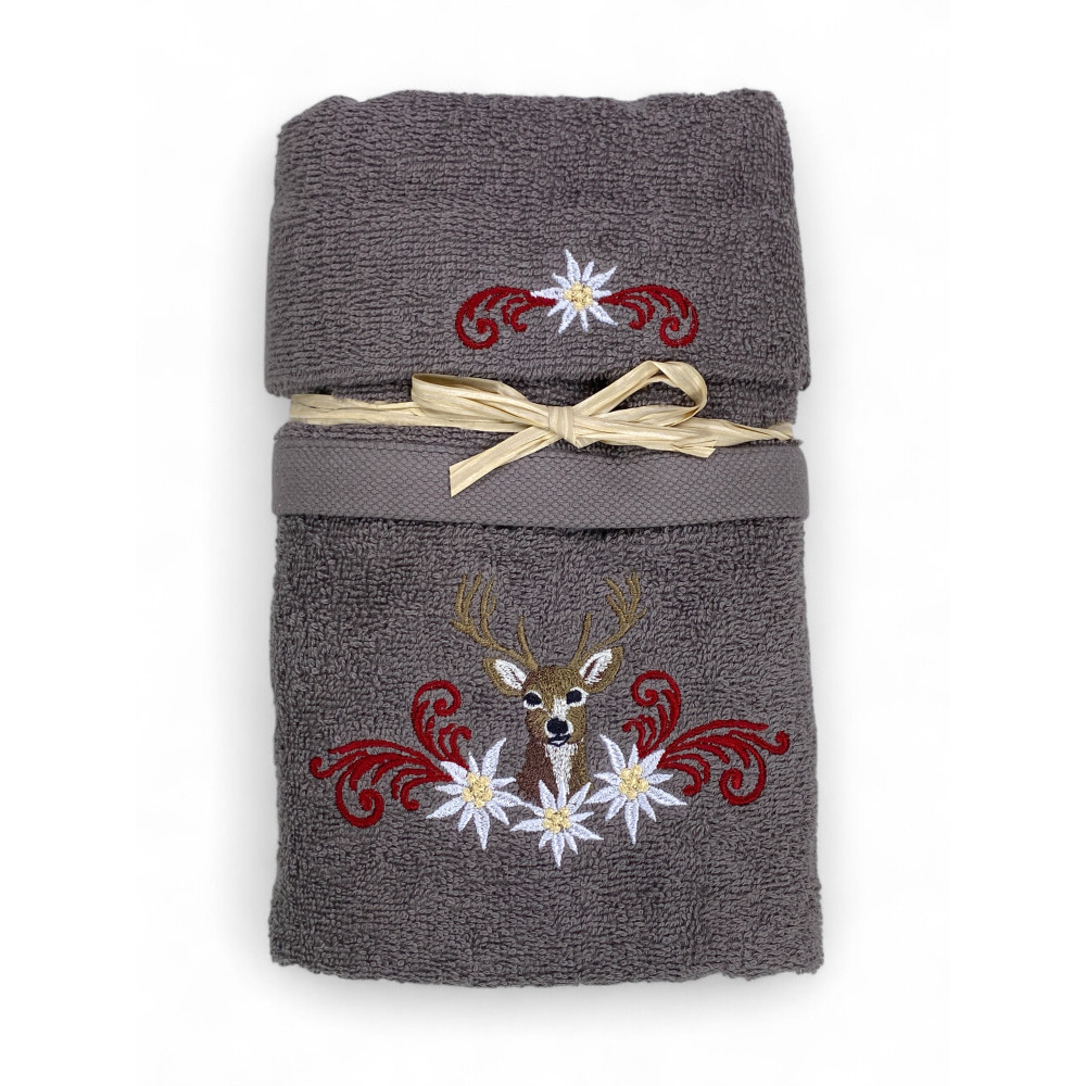 Tyrolean grey towel set with deer and edelweiss embroidery on 100% cotton terry cloth