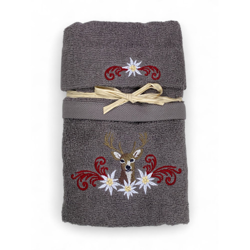 Tyrolean Deer and Edelweiss Grey Towel Set - Tyrol - Terry 100% Cotton - Embroidery Made in Italy