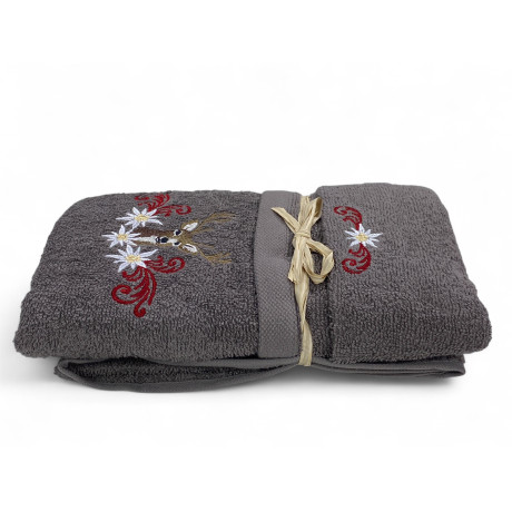 Set asciugamani grigio Tirolese con ricamo cervo e stelle alpine su spugna 100% cotone