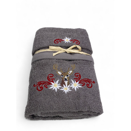 Set asciugamani grigio Tirolese con ricamo cervo e stelle alpine su spugna 100% cotone
