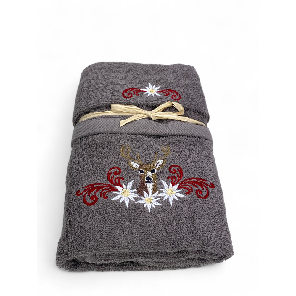 Tyrolean Deer and Edelweiss Grey Towel Set - Tyrol - Terry 100% Cotton - Embroidery Made in Italy