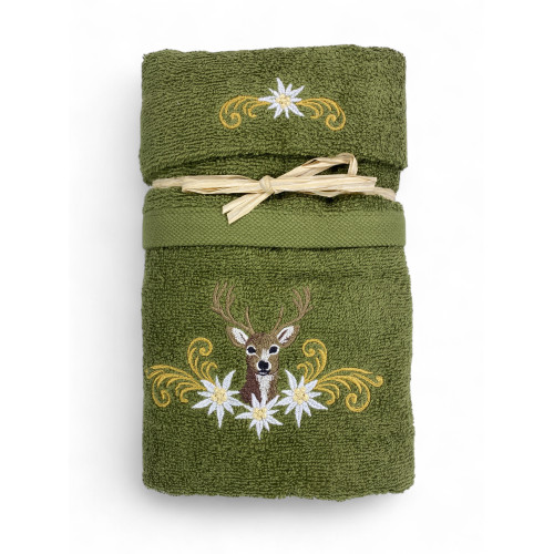 Set Asciugamani Tirolese Cervo e Stelle Alpine Verde - Tirolo - Spugna 100% Cotone - Ricamo Made in Italy