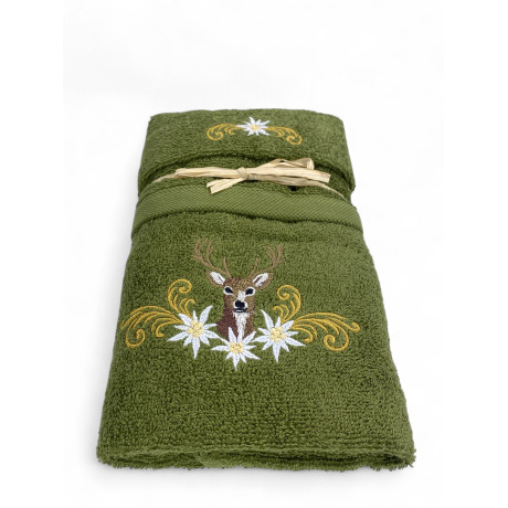 Tyrolean green towel set with deer embroidery and white edelweiss