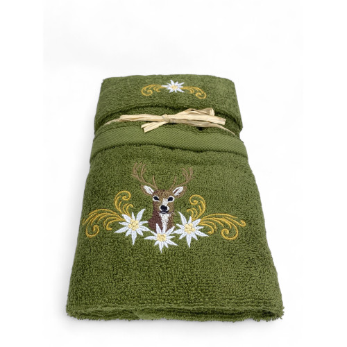 Juego de toallas tirolés Ciervo y Edelweiss verde - Tirol - rizo 100% algodón - bordados Made in Italy