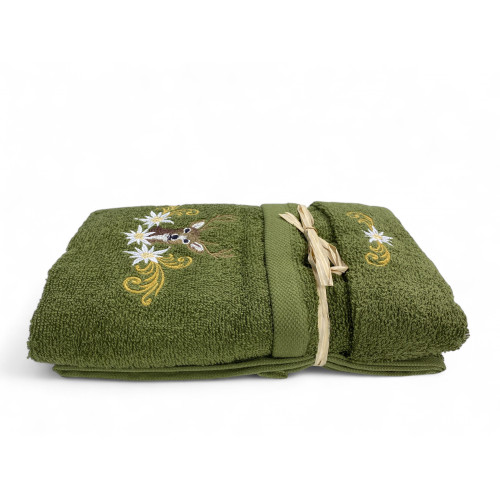 Serviette tyrolienne Cerf et Edelweiss Vert - Tyrol - Terry 100 % Coton - Broderie Made in Italy