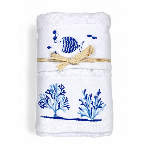 Juego de toallas de playa blanco Coral Fish - Esponja 100% algodón - Bordado náutico azul - Made in Italy