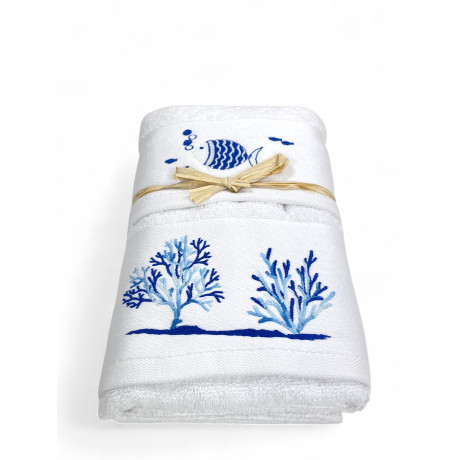 Set asciugamani bianco con pesci e coralli ricamati - spugna 100% cotone