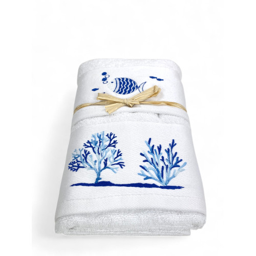 Weißes Strandtuch-Set Korallenfisch - 100% Baumwollschwamm - Blaue nautische Stickerei - Made in Italy