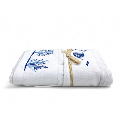 Set asciugamani bianco con pesci e coralli ricamati - spugna 100% cotone