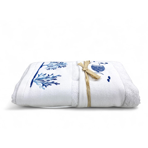 White Beach Towel Set Coral Fish - 100% Cotton Sponge - Blue Nautical Embroidery - Made in Italy
