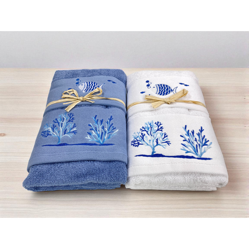 White Beach Towel Set Coral Fish - 100% Cotton Sponge - Blue Nautical Embroidery - Made in Italy