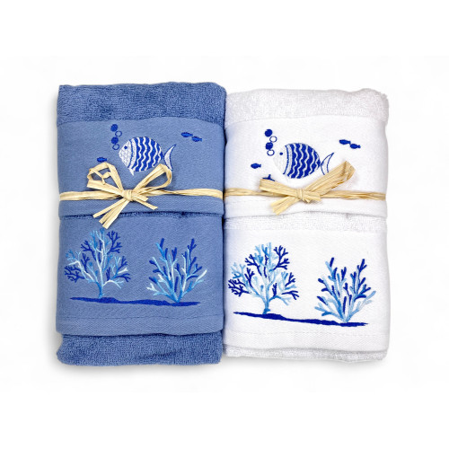 Serviette de plage blanche Set Coral Fish - Éponge 100 % coton - Broderie nautique bleue - Fabriqué en Italie