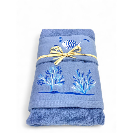Set asciugamani blu con pesci e coralli ricamati - spugna 100% cotone