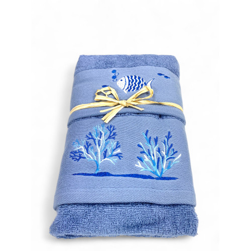 Ensemble de serviettes de mer bleues corail poisson - éponge 100 % coton - broderie nautique blanche - Fabriqué en Italie