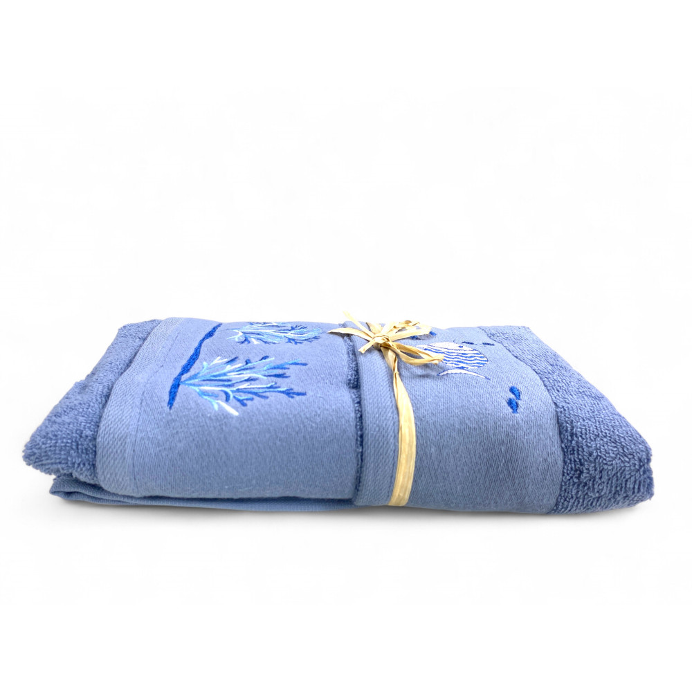 Set Asciugamani Mare Blu Pesci Coralli - Spugna 100% Cotone - Ricamo Nautico Bianco - Made in Italy