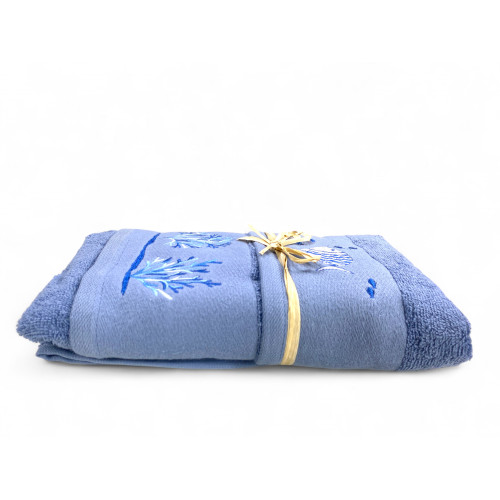 Ensemble de serviettes de mer bleues corail poisson - éponge 100 % coton - broderie nautique blanche - Fabriqué en Italie