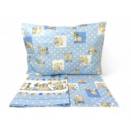 Pedro blaues Kinderbettlaken-Set mit Teddybär-Verzierung aus 100% Baumwolle, Made in Italy