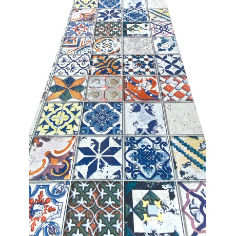 Vintage Majolica Runner Teppich mit rutschfester Rückseite aus schwarzem PVC