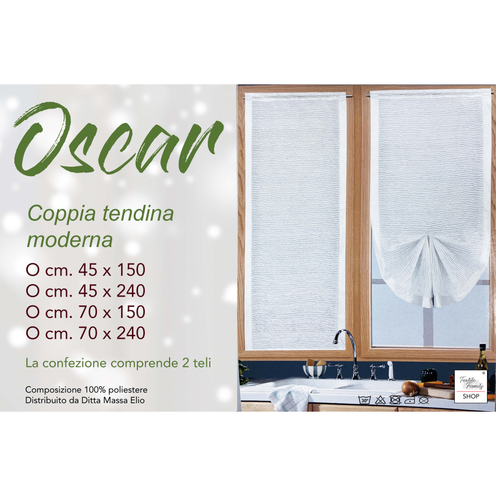 Pair of White Glass Curtain Oscar – Modern Semi-transparent in Striped Polyester – 2 Elegant Sheets, Washable, Ready to Use