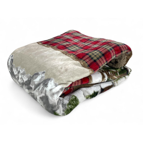 Plaid Sherpa Chalet piegato con fantasia cervi e retro agnellato tortora