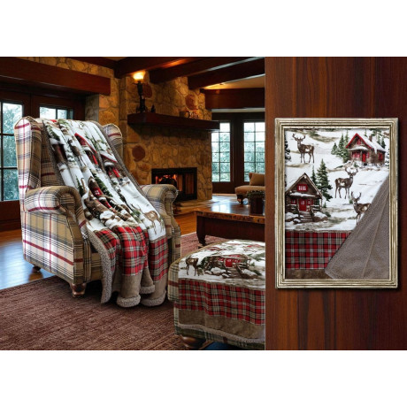 Plaid Sherpa Chalet piegato con fantasia cervi e retro agnellato tortora
