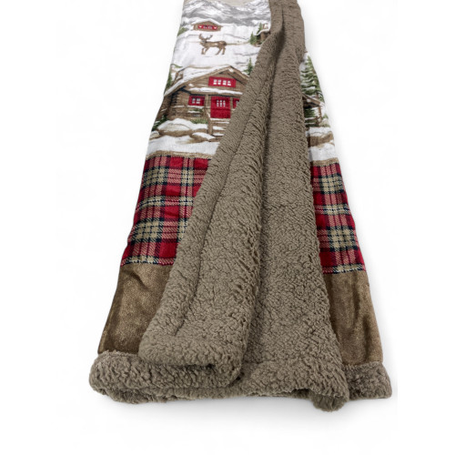 Sherpa Chalet Plaid – Soft Winter Blanket in Lambskin Fleece Tyrolean Style – Deer and Mountain Print, Taupe Retro